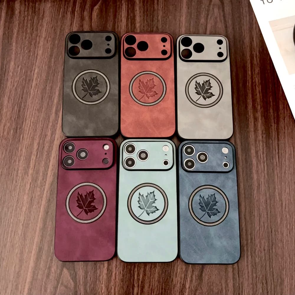 Luxury PU Leather Case For iPhone 18 17 16 15 14 13 Pro Max 18Pro 17Pro 16Pro For Magsafe Charge Maple Leaf Pattern Full Cover