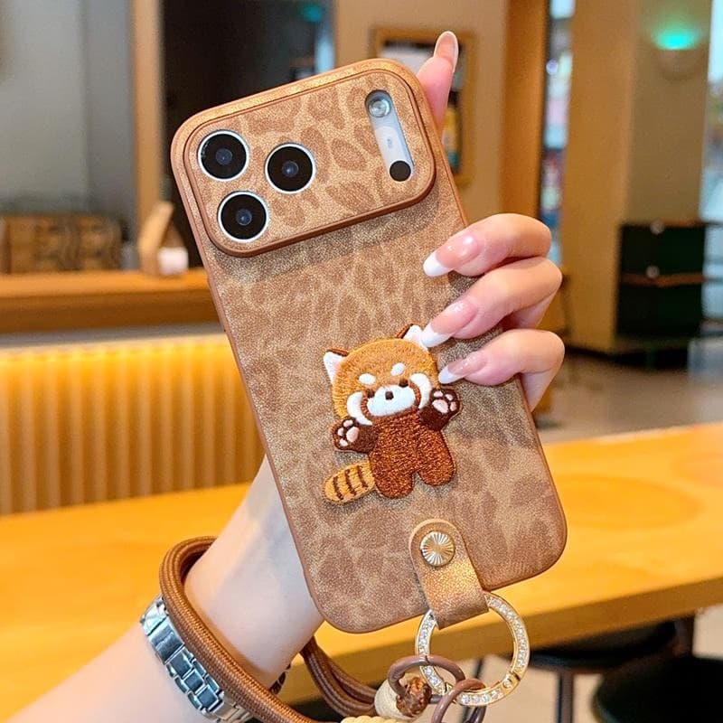 Brown Embroidered Cat Ring Handheld Hanging Rope Phone Case Suitable for iPhone
