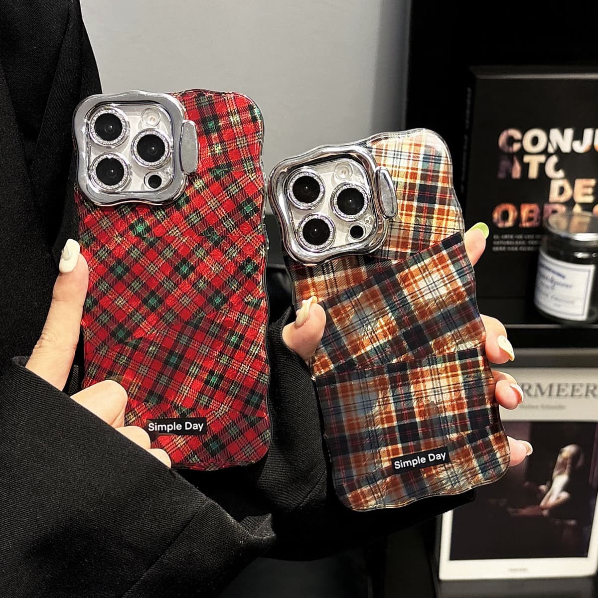 Unique Plaid Glitter Camera Lens Shockproof Phone Case