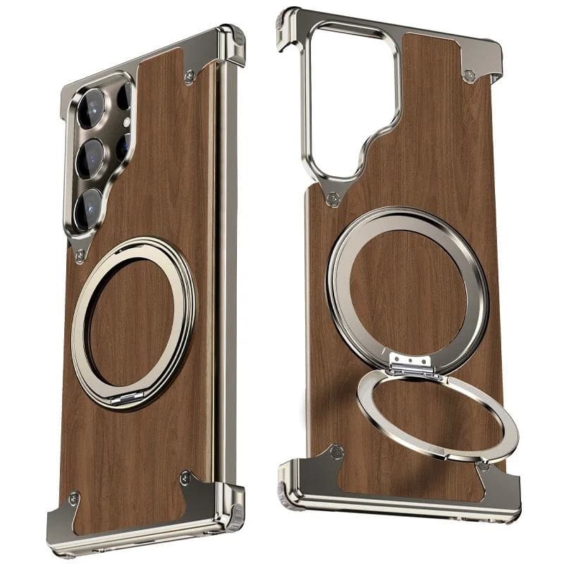 Premium Walnut Wood Aluminum Metal Magnetic Phone Case for Samsung, With 360° Rotating Ring Stand