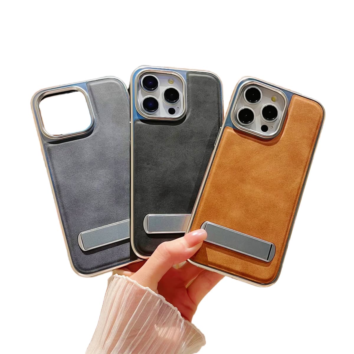 Electroplated PU Business Design Invisible Bracket Shockproof Phone Case