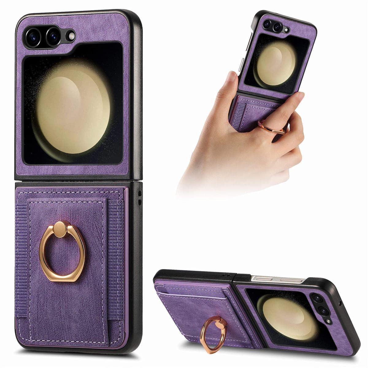 Retro Solid Color PU Card Insert Ring Holder Case