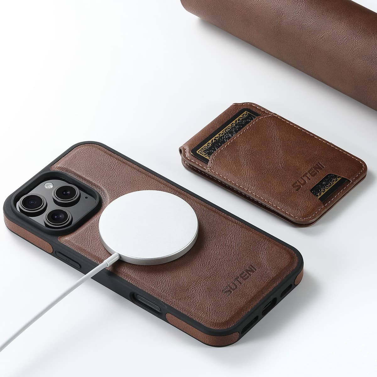 SUTENI Phone Case Wireless Charging Magnet Card Holder Stand 2-in-1 Faux Leather