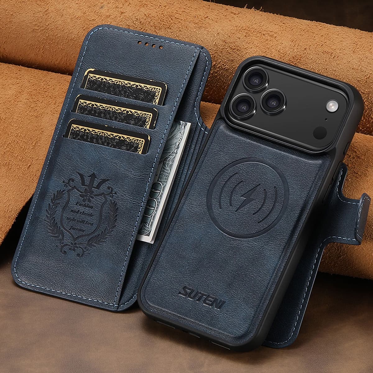 SUTENI Phone Case Magnetic Wireless Charging Flip Cover Card Holder Stand