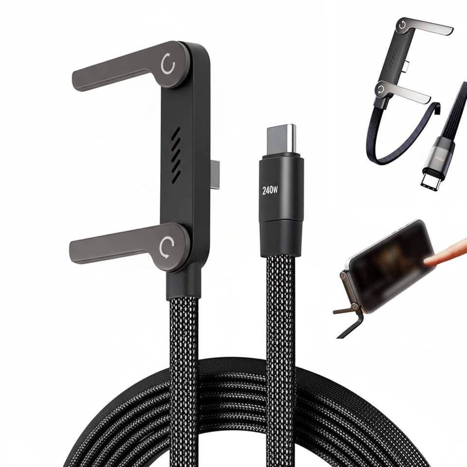 240W 5A Fast Charging Nylon Braided Cable with Phone Stand 90 Elbow 360 Rotation Multi-Angle Type-C for iPhone Gaming